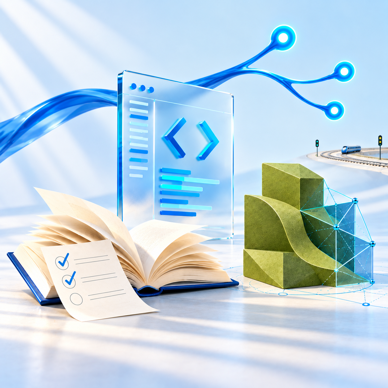 Een lichte ruimtelijke compositie in blauw en olijfgroen: een open boek met examenpapier, een glazen softwarescherm en een 3D-model met tekenlijnen. Blauwe vertakkingen eindigen in drie lichtgevende zenuwuiteinden; op de achtergrond staat een klein modelspoor met een trein en signalen.